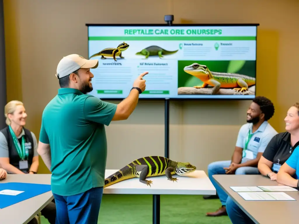 Un experto en reptiles imparte un curso obligatorio para propietarios, con participantes interactuando con diversas especies