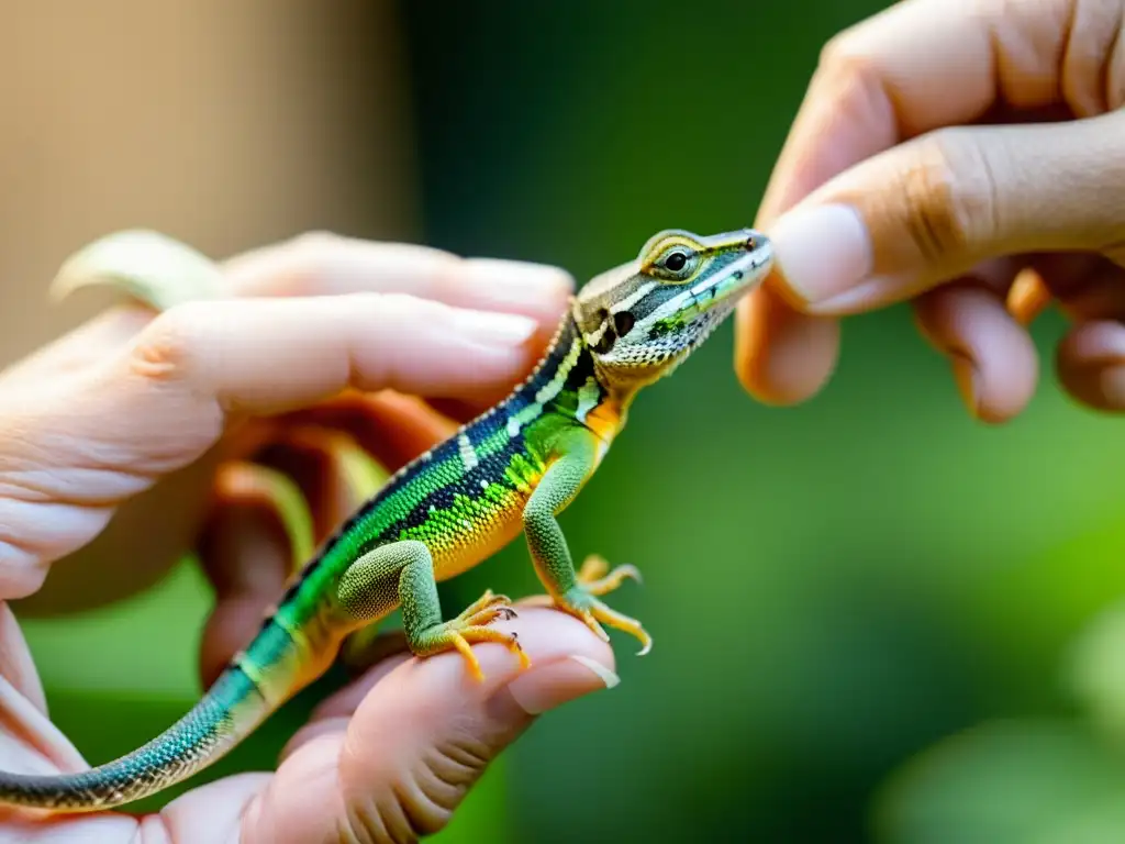 Un experto en reptiles realiza la socialización de un pequeño lagarto, mostrando calma y paciencia