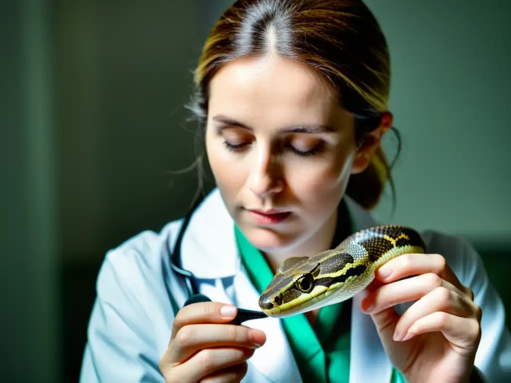 Experto en reptiles examina cuidadosamente una serpiente malnutrida con enfoque científico y preocupación