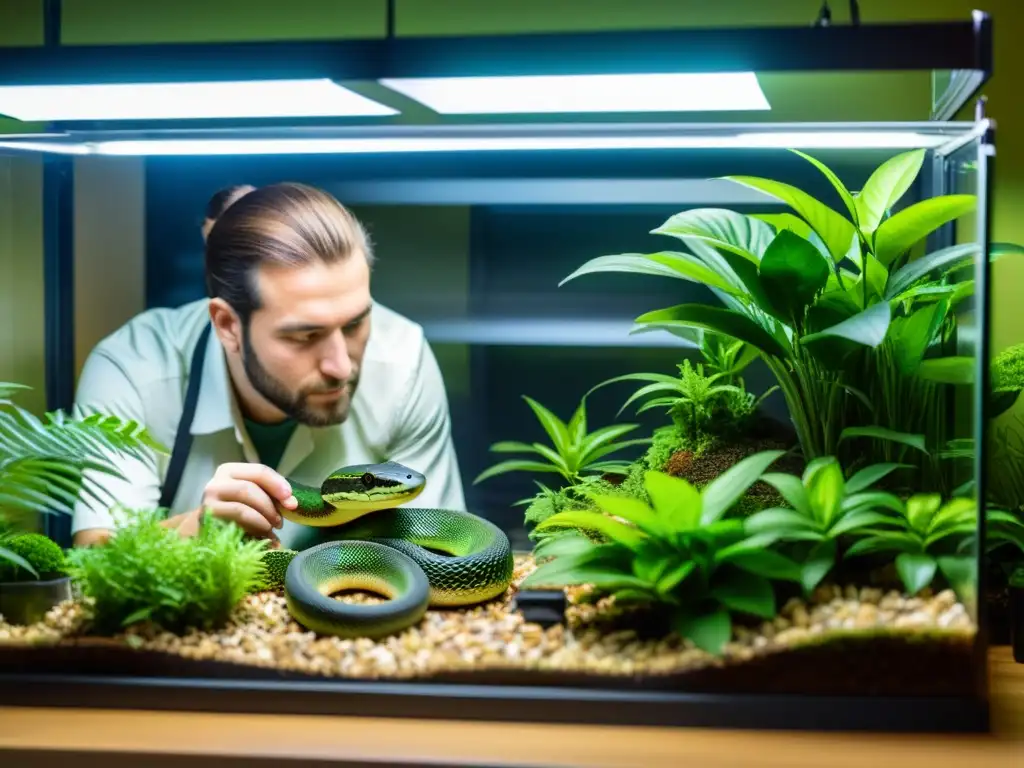 Experto en reptiles prepara terrario para criar serpientes en cautiverio, con atención meticulosa a detalles y ambiente natural