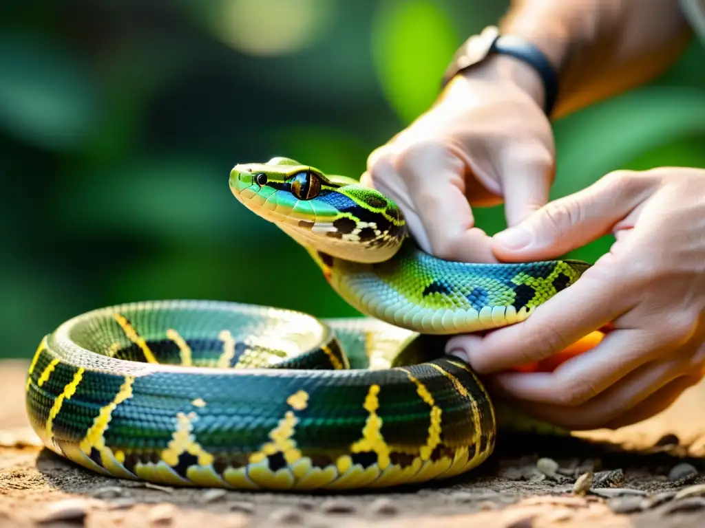 Un experto maneja éticamente una serpiente en un entorno natural, resaltando la belleza y cuidado responsable de los reptiles