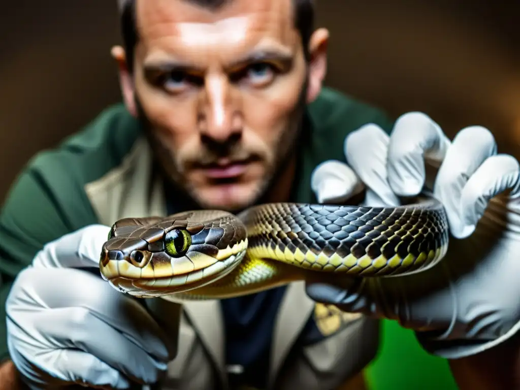 Un experto en serpientes realiza el manejo seguro de una serpiente venenosa en cautiverio, mostrando precisión y concentración