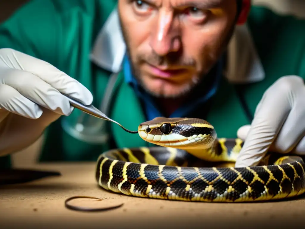 Experto extrayendo veneno de serpiente para antiveneno en reptiles, con precisión y concentración