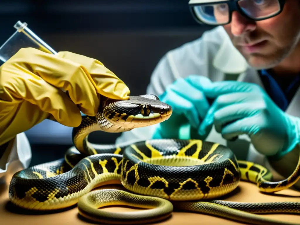 Experto en biología conservación extrayendo veneno de serpiente con precisión y cuidado, detallando las escamas