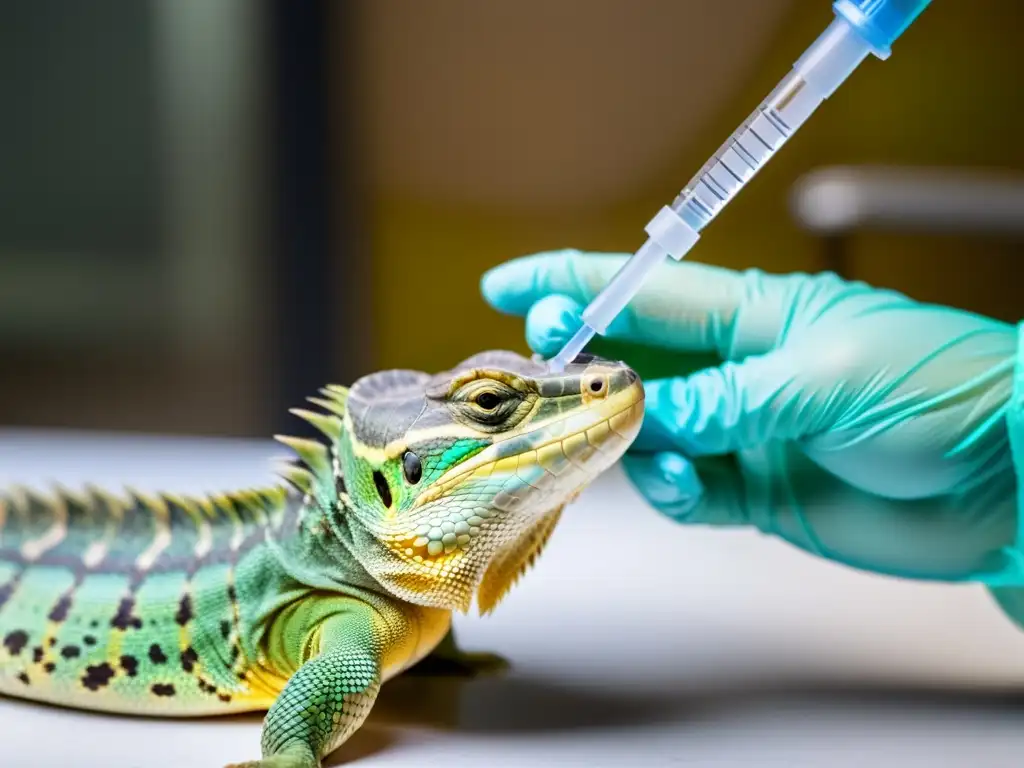 Un experto veterinario alimenta con cuidado a un reptil enfermo en una clínica veterinaria, transmitiendo profesionalismo y cuidado