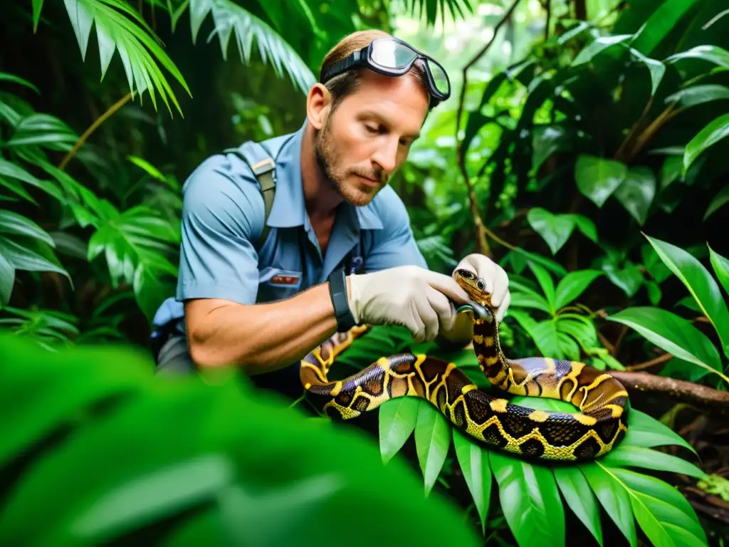 Un experto en vida silvestre captura con cuidado una boa constrictora en la densa jungla