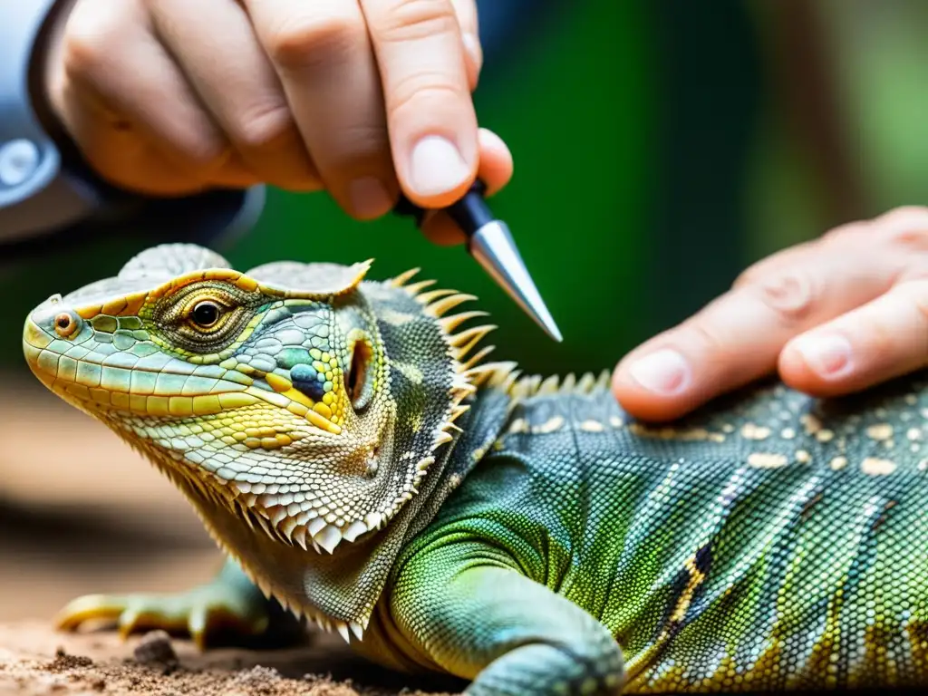 Un experto en vida silvestre examina detenidamente a un reptil, verificando la legalidad y procedencia del animal