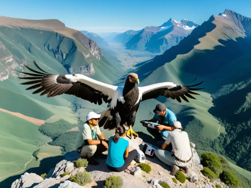 Expertos usando herramientas innovadoras para monitoreo de especies peligro, mientras colocan dispositivos en un majestuoso cóndor en las montañas verdes