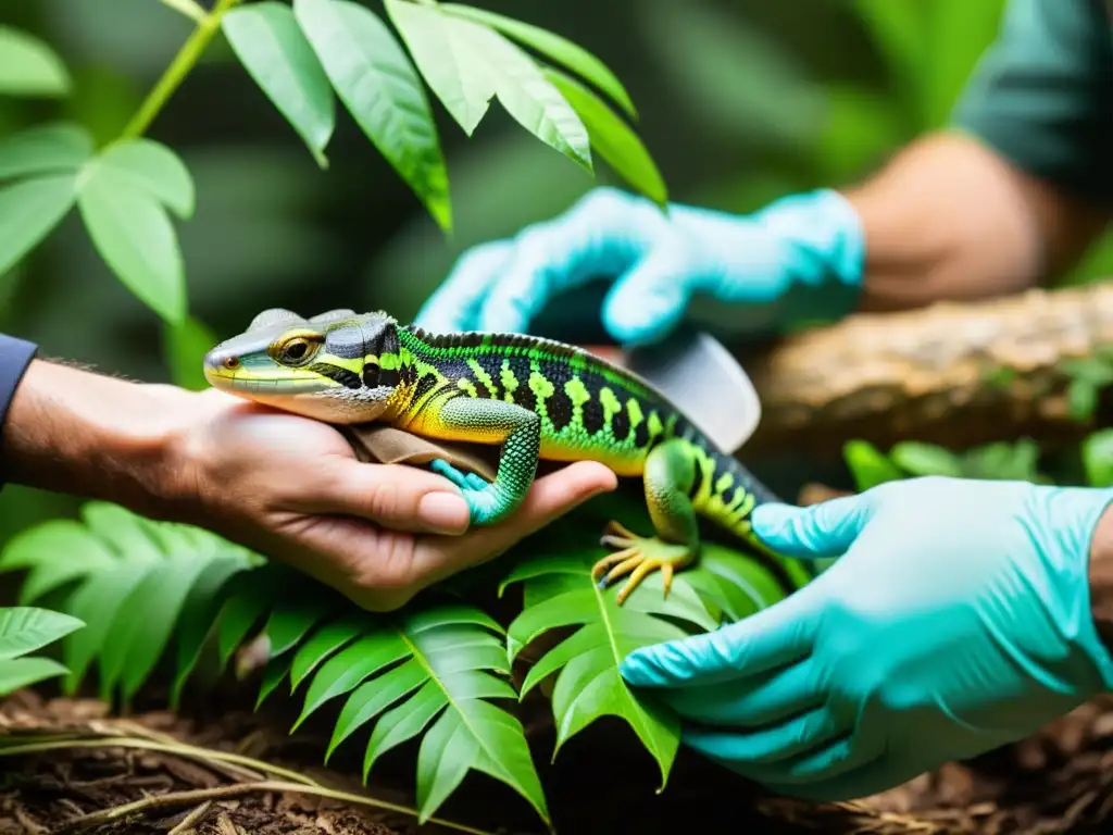 Expertos en conservación reintroducen reptiles en su hábitat natural con cuidado y precisión, mostrando las texturas y patrones de sus escamas