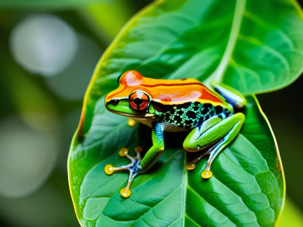 Exploración de campo con drones y sensores en herpetología: Detalle asombroso de una rana arbórea en la selva tropical