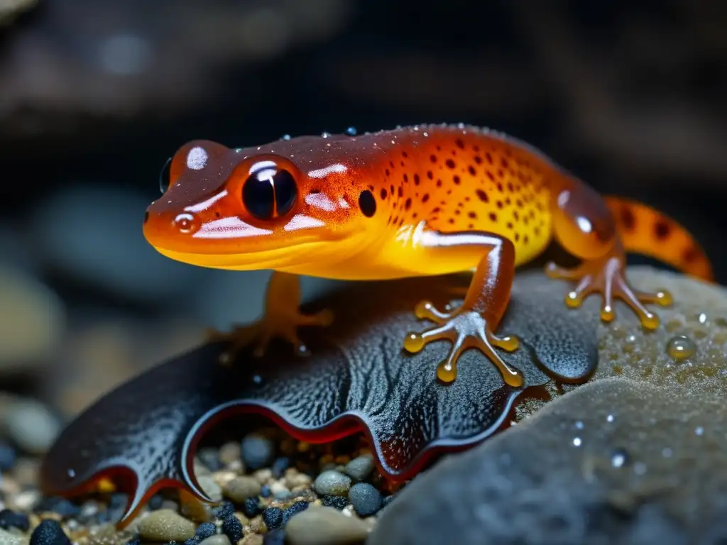 Exploración de moradas de reptiles: Detalle de salamandra ciega en ambiente subterráneo, piel transparente muestra redes de vasos sanguíneos