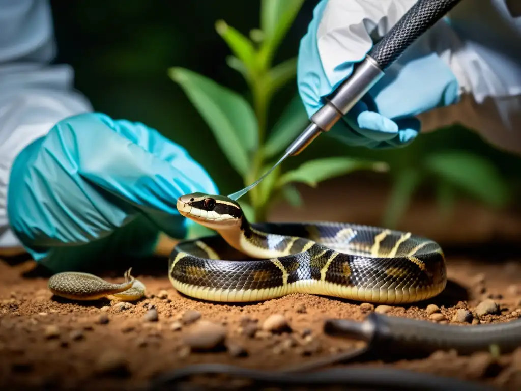 Extracción cuidadosa de veneno de serpiente venenosa en trabajo de campo con reptiles venenosos, destacando precisión y experticia