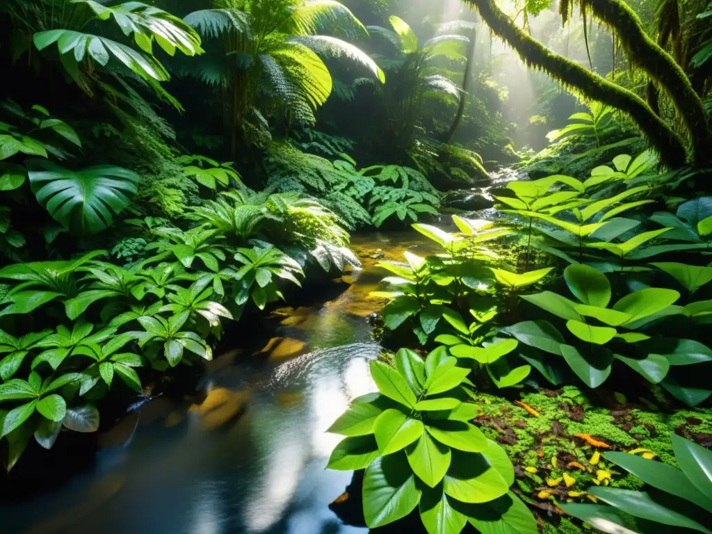 Un exuberante bosque lluvioso con un arroyo serpenteante