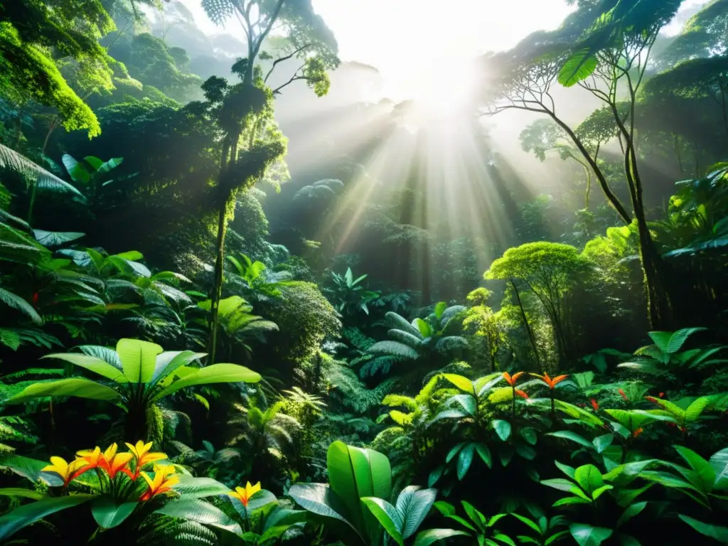 Un exuberante bosque lluvioso rebosante de vida, con luz solar filtrándose entre el dosel y creando patrones moteados en el suelo del bosque