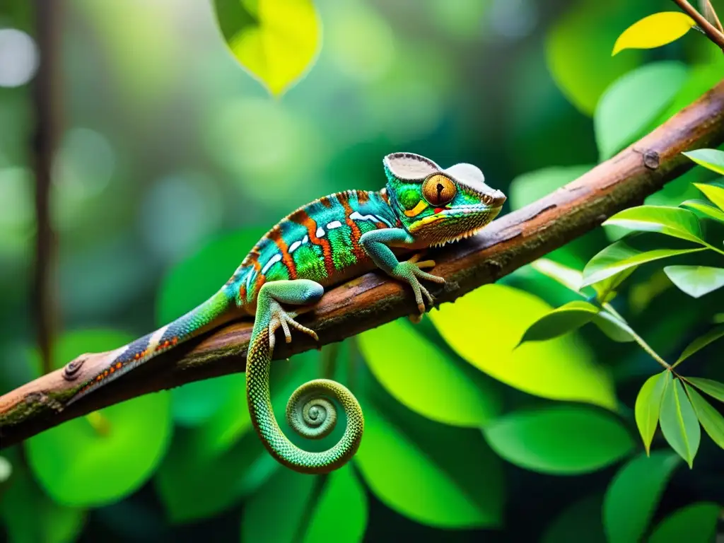 Un exuberante bosque tropical con biodiversidad, un camaleón colorido y la luz del sol filtrándose a través del dosel