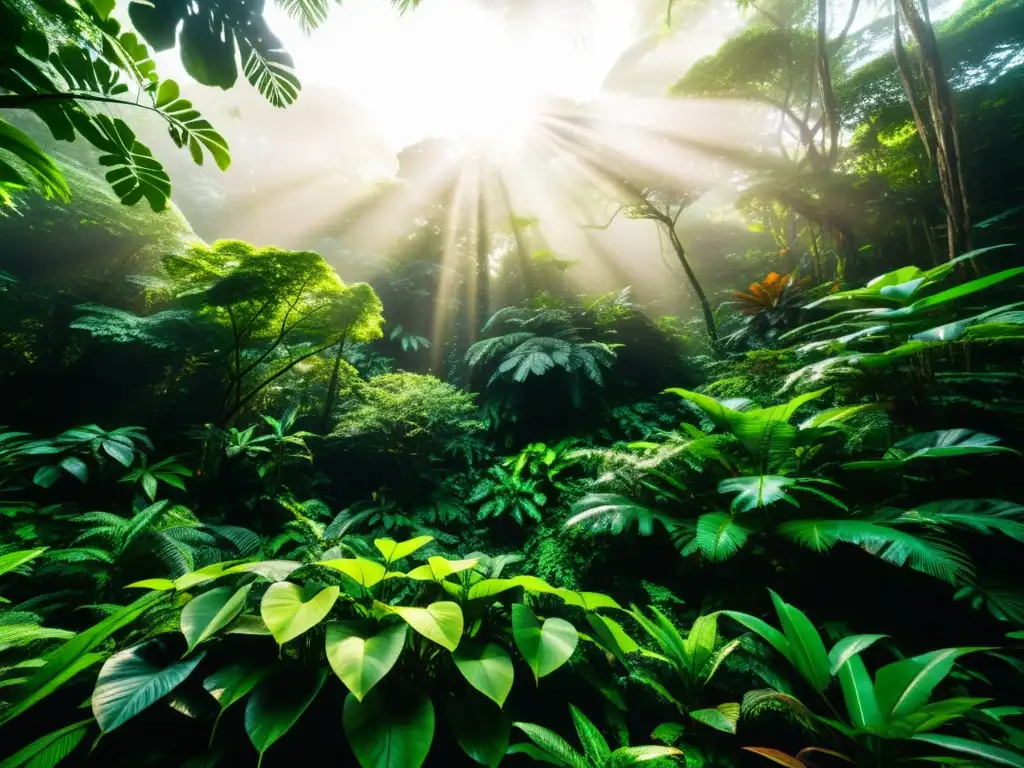 Un exuberante bosque tropical con diversidad de plantas, reptiles camuflados y luz filtrándose a través del dosel