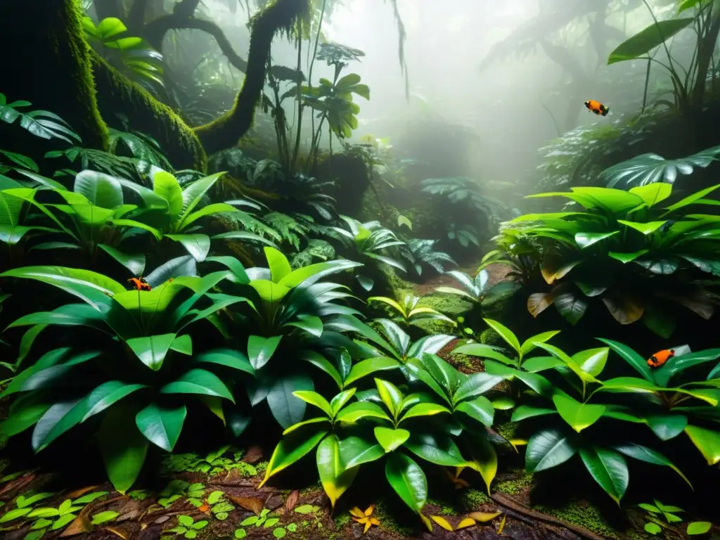 Un exuberante bosque tropical con especies de anfibios en peligro, como ranas venenosas y salamandras, bajo la luz filtrada