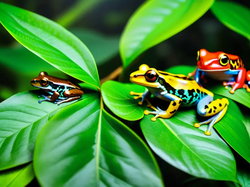 Un exuberante bosque tropical lleno de coloridas ranas arborícolas, destacando la importancia de la diversidad en la reintroducción de anfibios