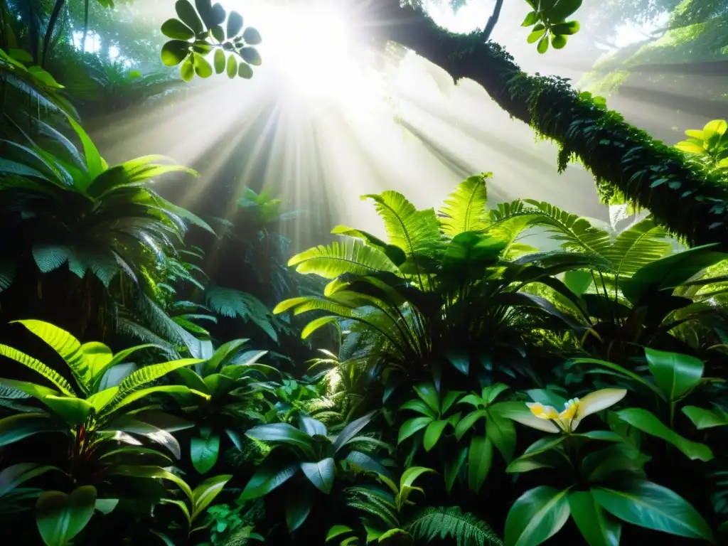 Un exuberante bosque tropical con luz natural, mostrando un ecosistema diverso y vibrante