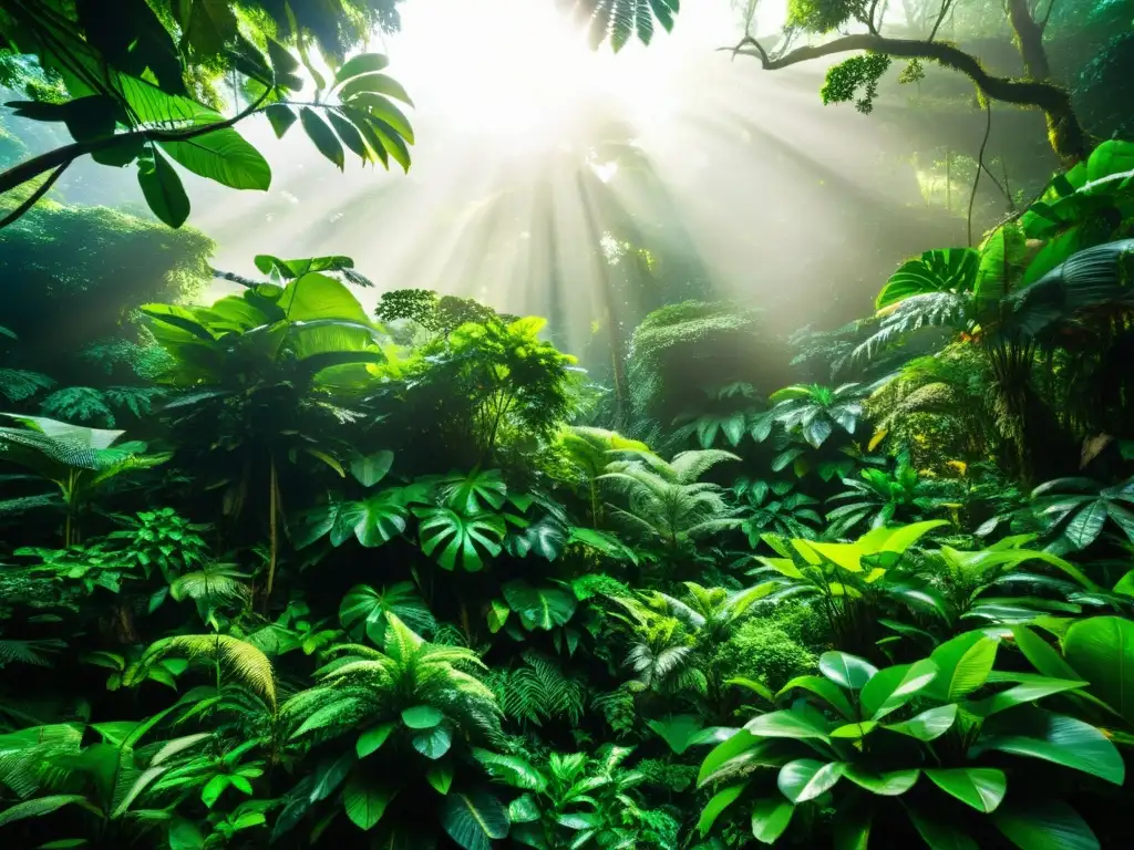 Un exuberante bosque tropical con reptiles camuflados entre la vegetación y rayos de sol