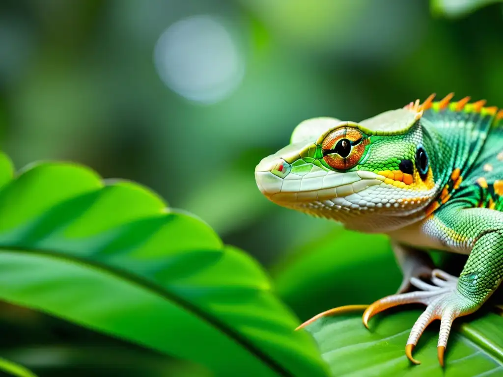 Un exuberante bosque tropical con reptiles en su hábitat natural, mostrando la coexistencia entre la conservación y el impacto humano