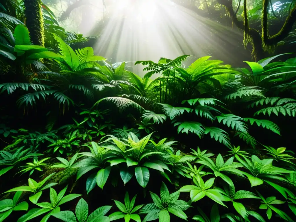 Un exuberante y detallado suelo de selva tropical con una variedad de plantas exóticas, filtrando la luz del sol