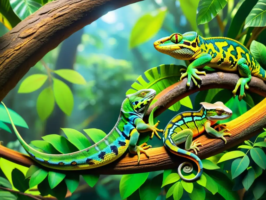 Un exuberante escenario de selva lluviosa con reptiles en su hábitat natural