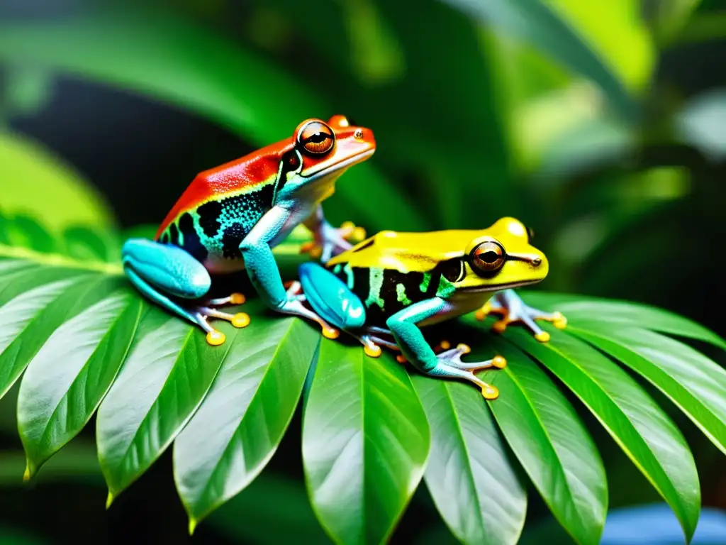 Un exuberante escenario de selva tropical con coloridas ranas arborícolas enriqueciendo su hábitat natural