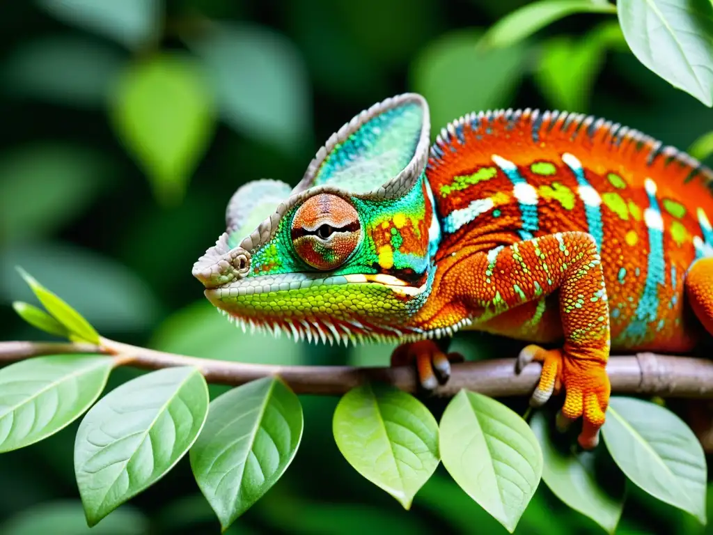 Camaleón camuflado entre follaje: belleza y astucia Un camaleón se camufla entre exuberante follaje, exhibiendo tácticas de escape en reptiles con su piel vibrante y patrones intrincados