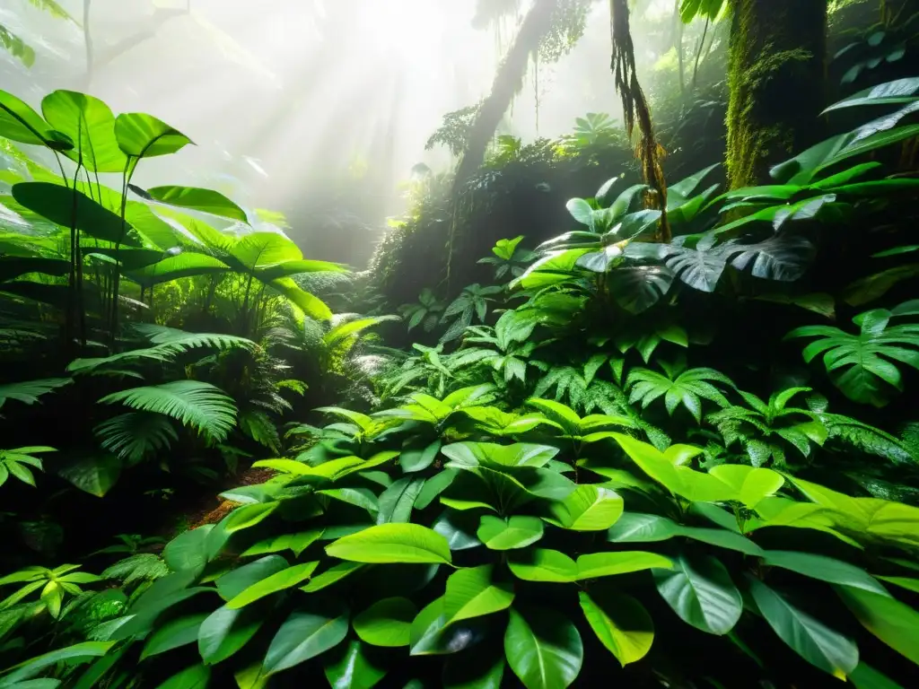 Un exuberante hábitat de selva tropical con diversa vida vegetal y animal, ideal para enriquecimiento ambiental para anfibios arbóreos