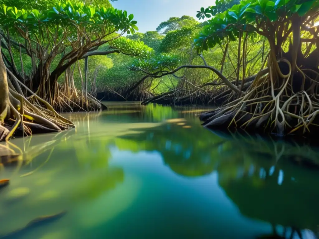 Un exuberante manglar con especies de reptiles y anfibios, raíces retorcidas sobresalen del agua y ramas enredadas se elevan hacia el cielo