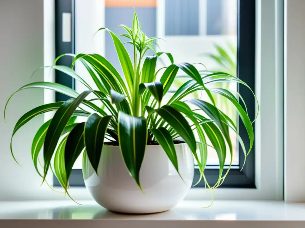 Una exuberante planta araña verde destaca en un entorno urbano, realzando la función de las plantas vivas en hábitats artificiales