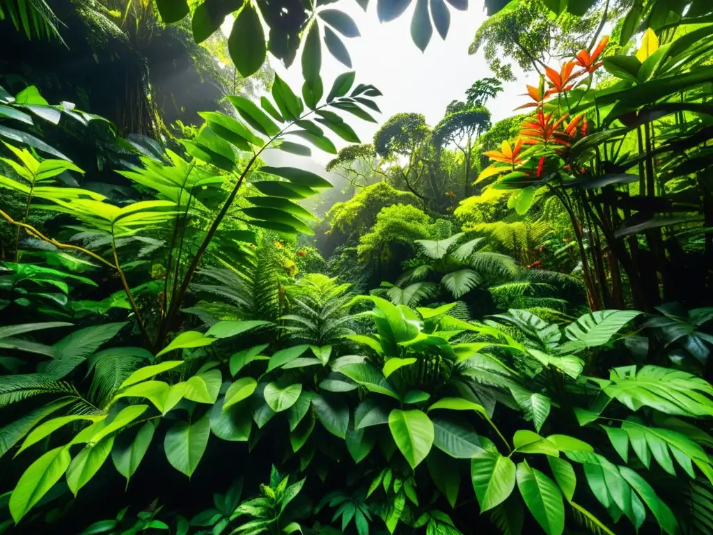 Exuberante selva tropical con camaleón camuflado