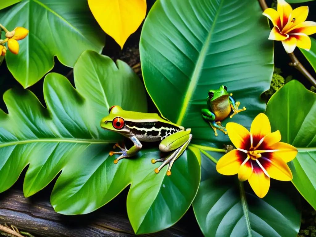 Una exuberante selva tropical con especies de anfibios en peligro, hermosas ranas y un ecosistema biodiverso en su hábitat natural