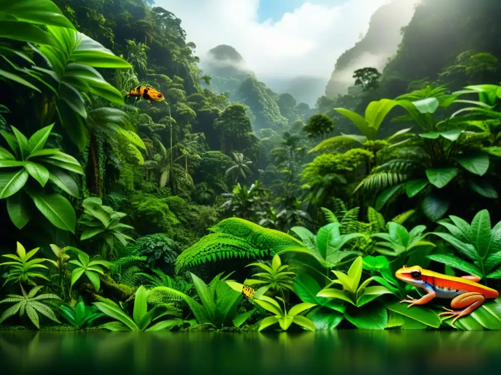 Una exuberante selva tropical llena de vida y color, con una gran diversidad de anfibios y reptiles en su hábitat natural