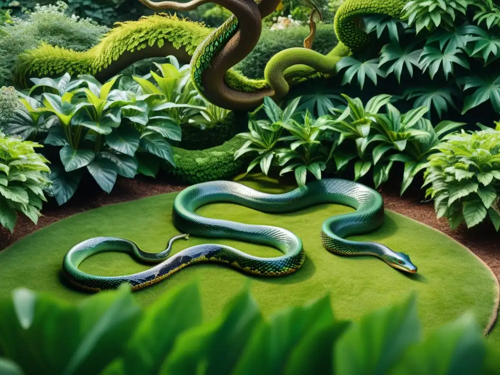 Un jardín exuberante con una serpiente realista y simbólica, entrelazada en un árbol, evocando el papel de la serpiente en el jardín del Edén