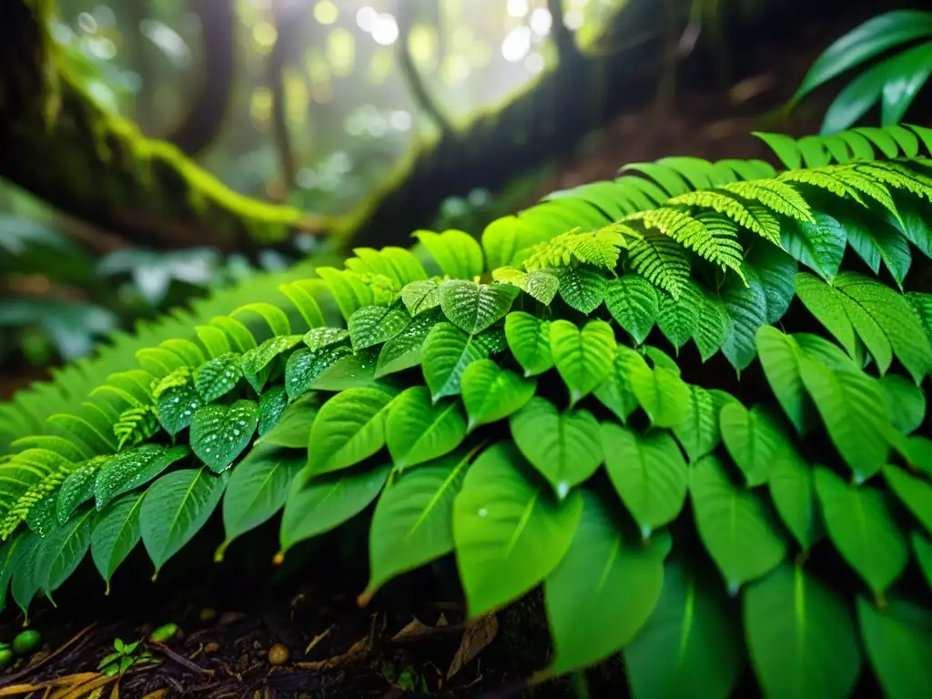 Exuberante suelo de bosque tropical con musgo verde vibrante, gotas de agua y diversidad de plantas