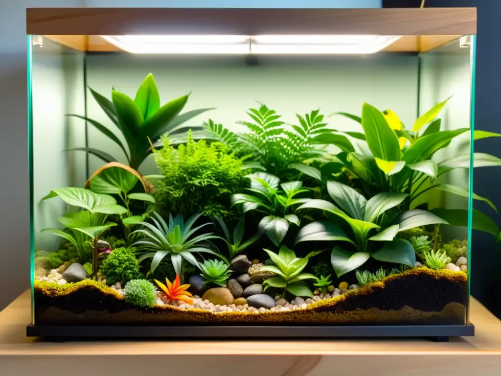 Terrario exuberante con reptil Un exuberante terrario con plantas, un pequeño reptil y una lámpara de calor