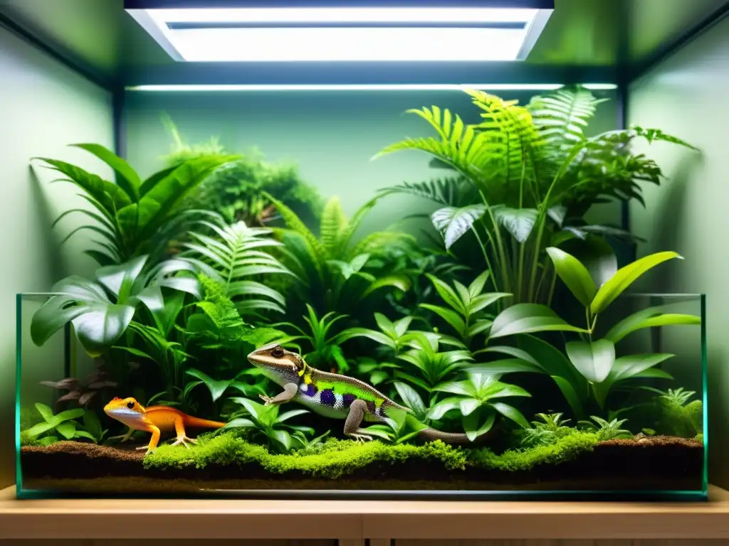 Terrario tropical exuberante con reptiles y vegetación vibrante Un exuberante terrario tropical lleno de vida y reptiles, el entorno ideal