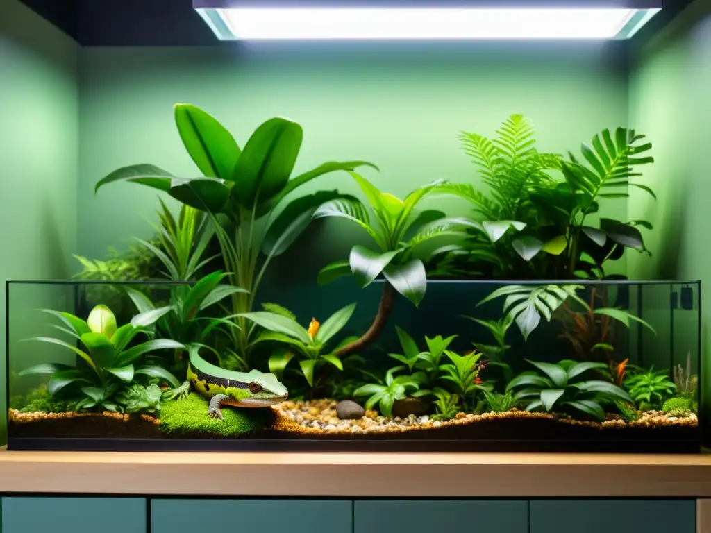 Terrario tropical con reptiles exóticos en alta resolución Un exuberante terrario tropical con reptiles coloridos, ideal para reptiles