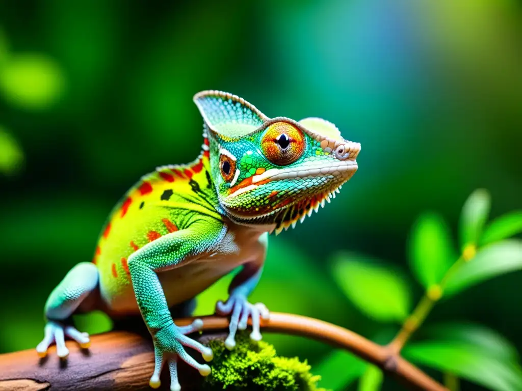 Un exuberante terrario tropical con vida abundante y un camaleón enriquece el hábitat de reptiles