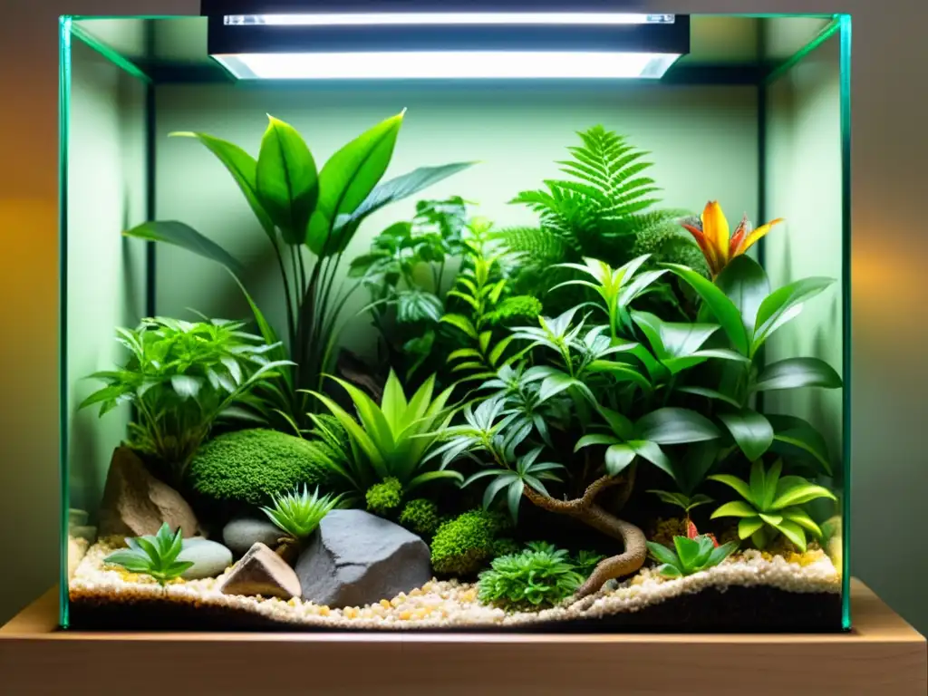 Un exuberante terrario vibrante con plantas, rocas y un reptil colorido disfrutando de su hábitat ideal en un cálido terrario