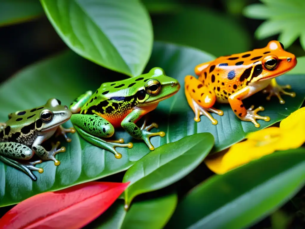 Una exuberante variedad de anfibios coloridos en su hábitat natural, resaltando la importancia de la diversidad y la reintroducción de estos animales