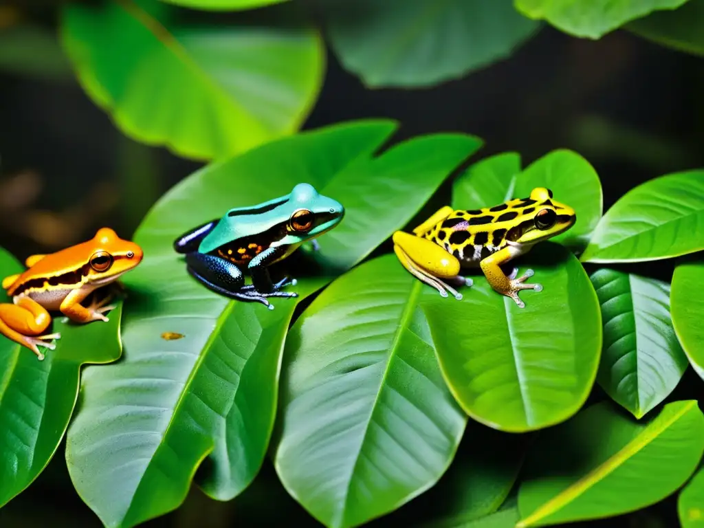 Una exuberante variedad de anfibios en su hábitat natural, destacando la biodiversidad y la armonía