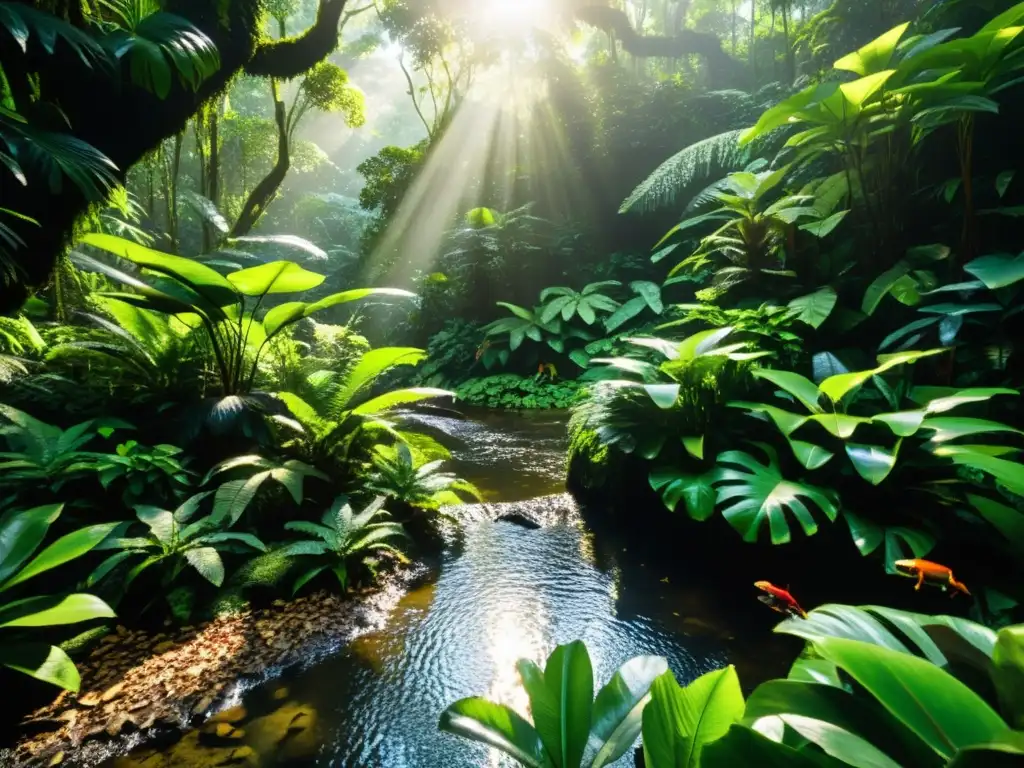 Un exuberante y vibrante escenario de selva tropical, con una densa vegetación y una variedad de especies de árboles que se alzan sobre ella