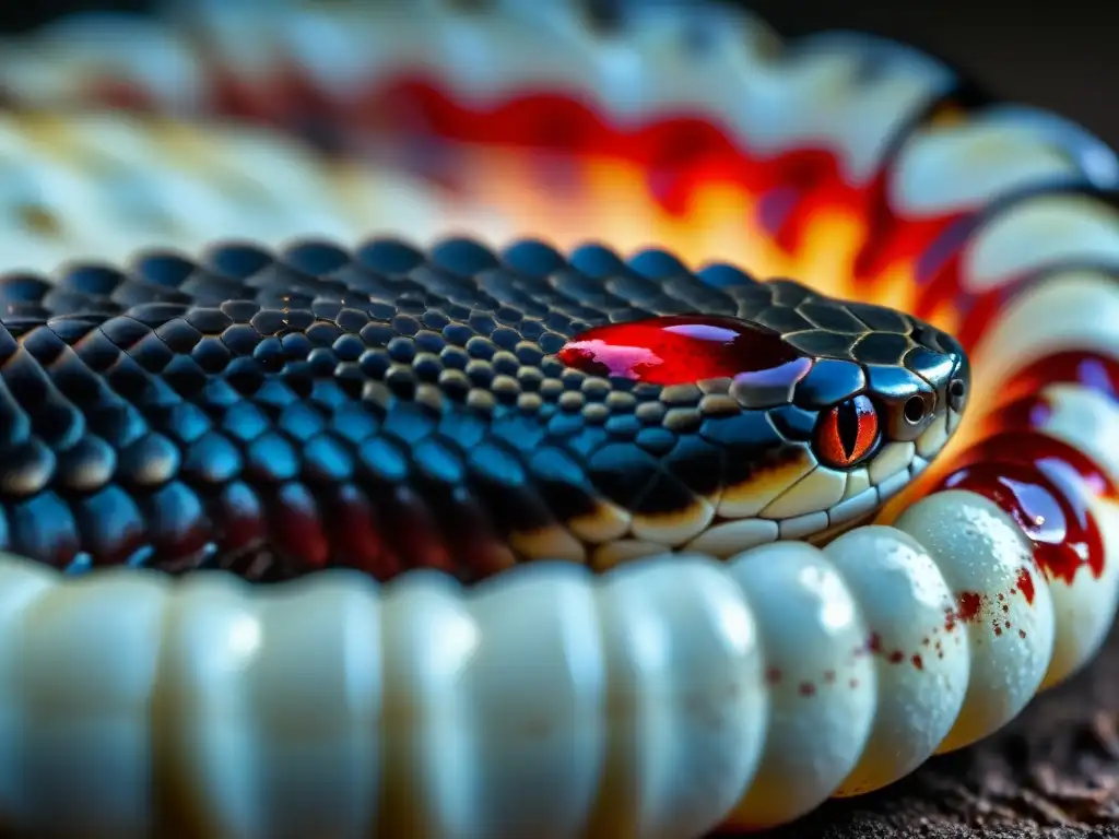 Un fang de serpiente venenosa penetra la piel con gotas de sangre