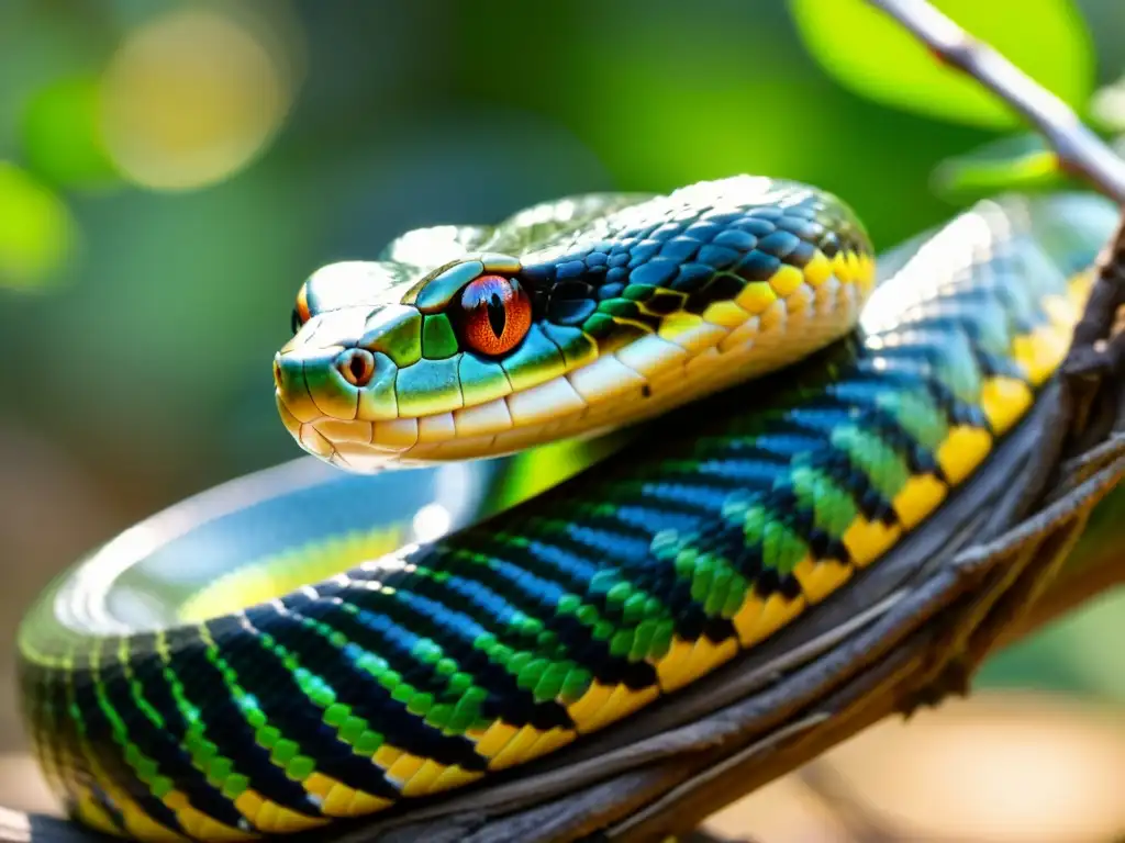 Un fascinante reptil enroscado en una rama, con sus escamas brillantes al sol