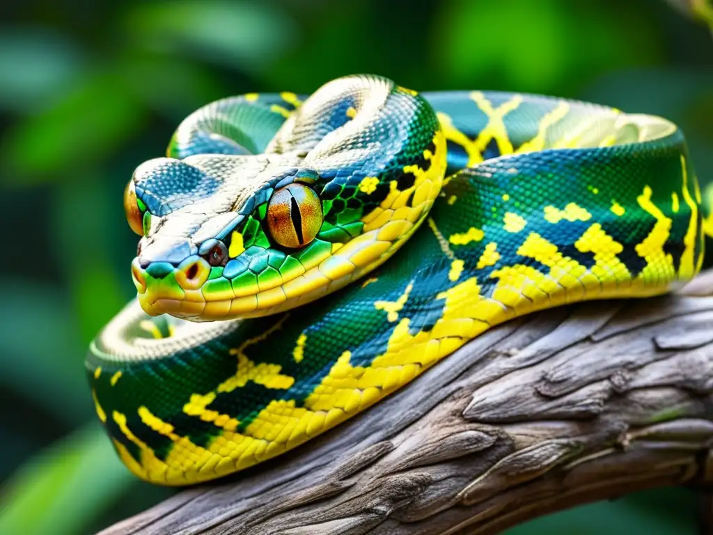 'Fascinante serpiente pitón verde enroscada en rama, con escamas vibrantes y ojos amarillos penetrantes