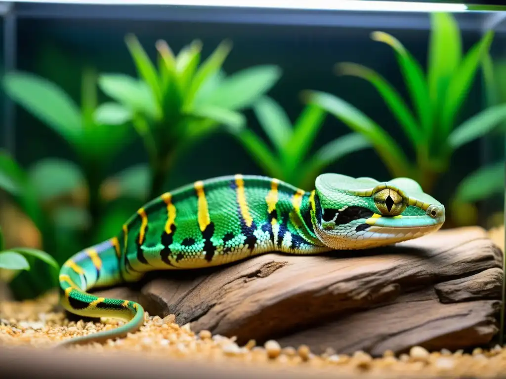 Un fascinante terrario repleto de reptiles exóticos como serpientes, camaleones y tortugas, creando un ambiente educativo