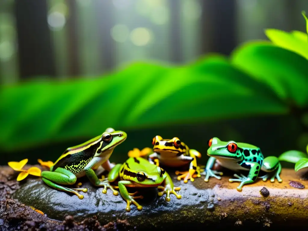 Foto de un exuberante suelo de selva pluvial, donde anfibios coloridos camuflados conviven con humanos en armonía milenaria